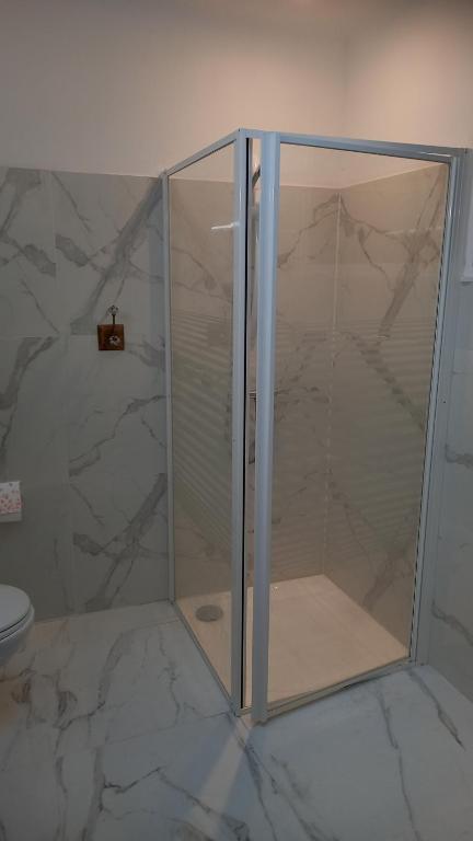 a shower with a glass door in a bathroom at L'OCCITANE appartement climatisé centre ville in Limoux