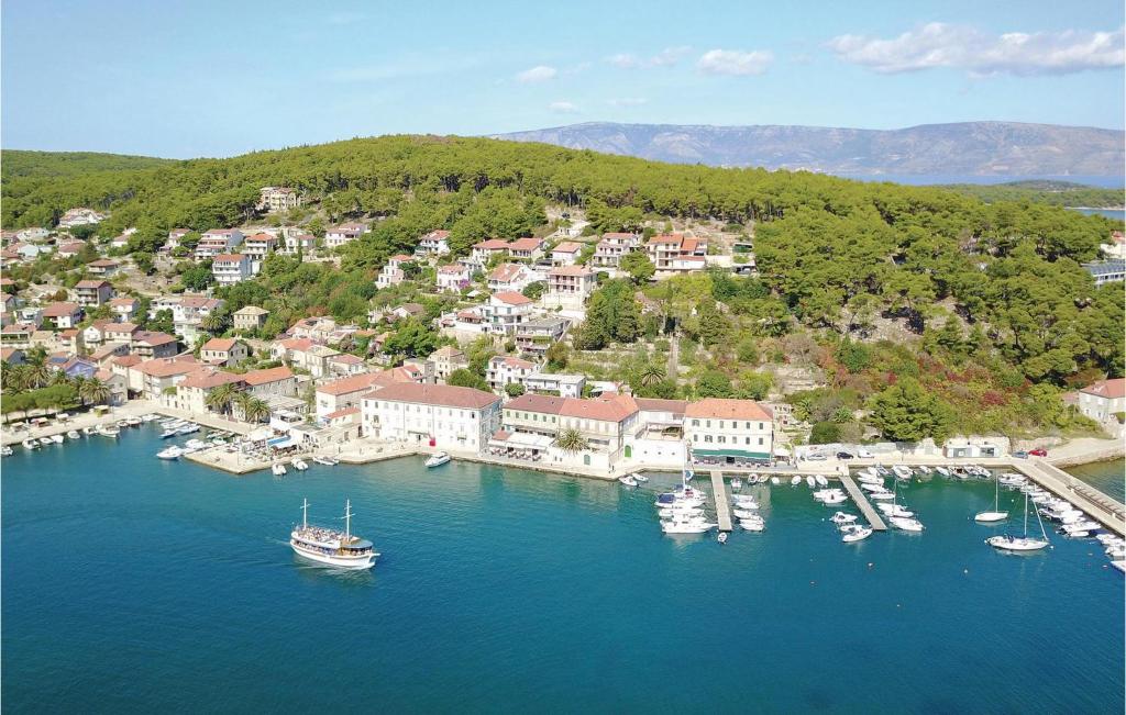 z powietrza widok na port z łodziami w wodzie w obiekcie Apartment Jelsa 07 w mieście Jelsa