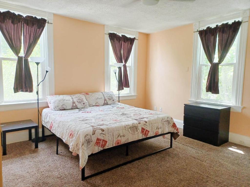 a bedroom with a bed and two windows at Huge 2 Bedroom House in the Heart of Northside! in Cincinnati