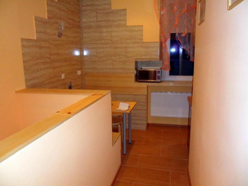 a small kitchen with a counter and a microwave at Apartament - Stronie Śląskie in Stronie Śląskie