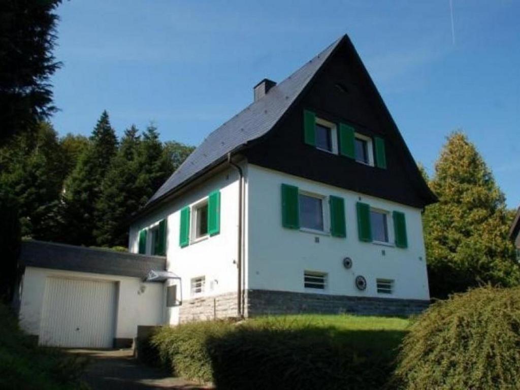 uma grande casa branca com persianas verdes em Holiday home with terrace in Sauerland em Brilon