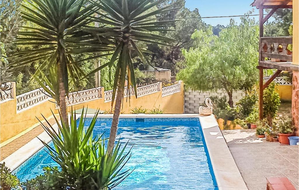 a swimming pool with palm trees in a yard at El Collado in La Presa