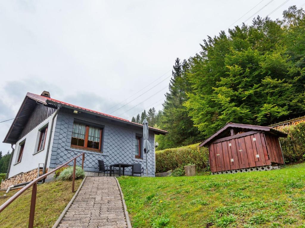 ein kleines blaues Haus mit einem Holzschuppen daneben in der Unterkunft Holiday home in Thuringia near the lake in Langenbach