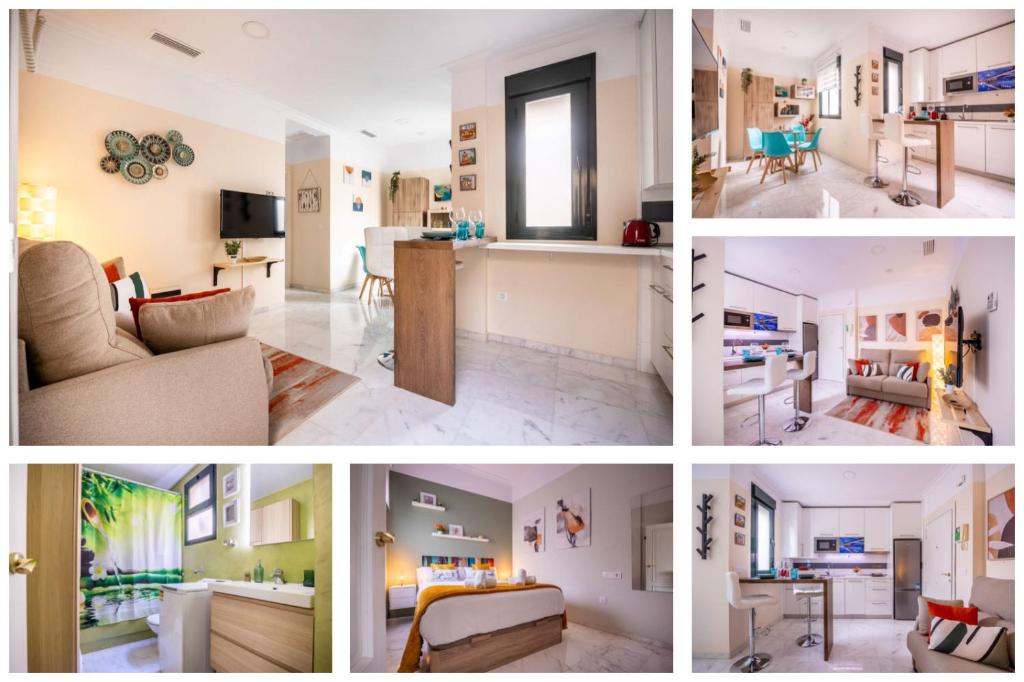 a collage of photos of a living room and a kitchen at Slava Luxury Suite in Seville