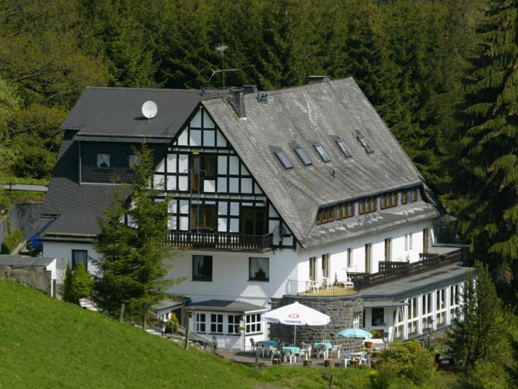 ヴィンターベルクにあるExclusive group house in Winterberg with common room bar and large kitchenの黒屋根の大白い家