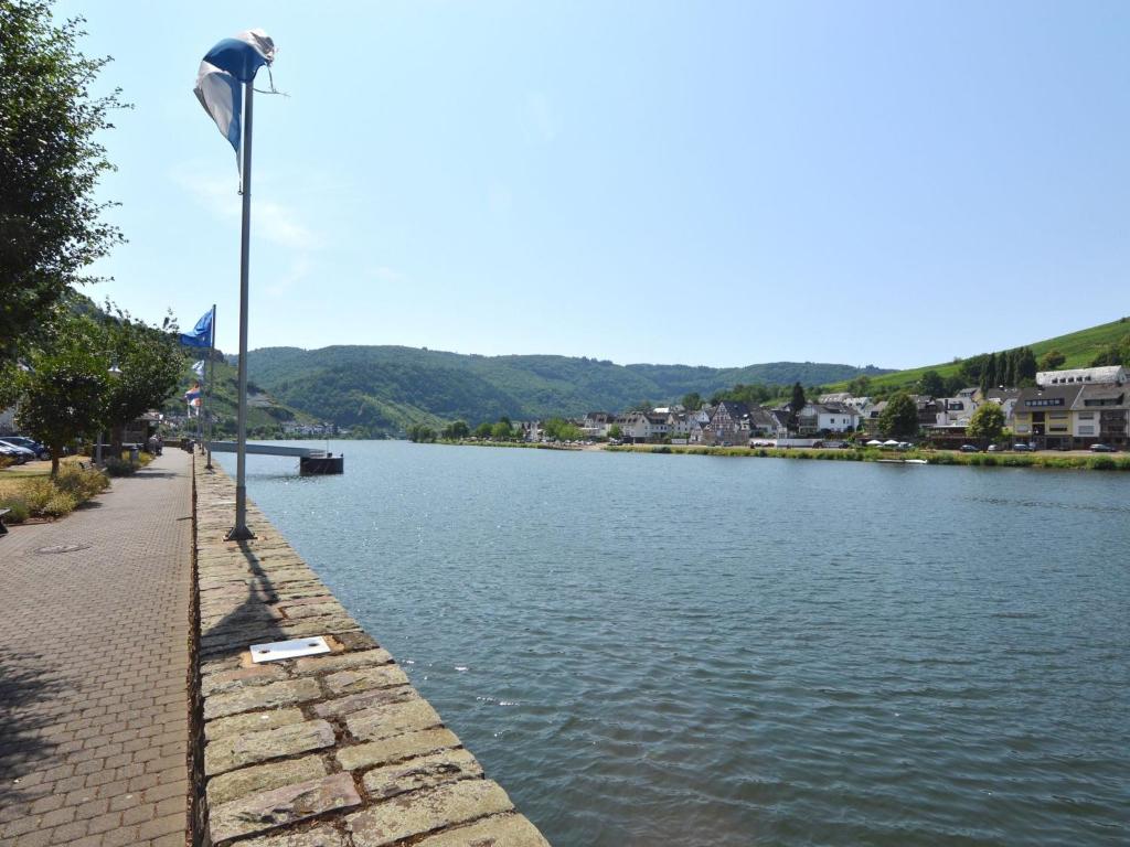 Ein Vogel an einem Mast neben einem Fluss in der Unterkunft Lovely modern apartment walking distance from the Mosel shops and restaurants in Zell an der Mosel