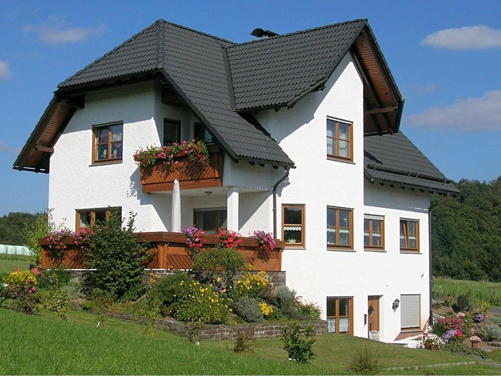 メーデバッハにあるApartment near the ski areaの黒屋根の大白い家