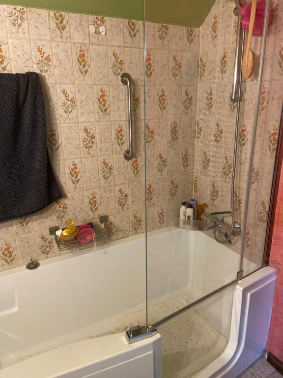 a bath tub with a glass door in a bathroom at Chambres chez Nanou avec petit déjeuner in Chimay