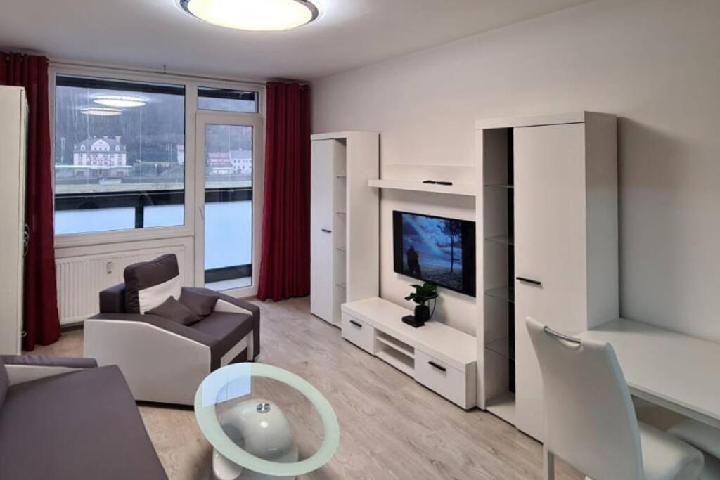 sala de estar con sofá y TV. en Útulný apartmán v centru, s krásným výhledem, en Děčín