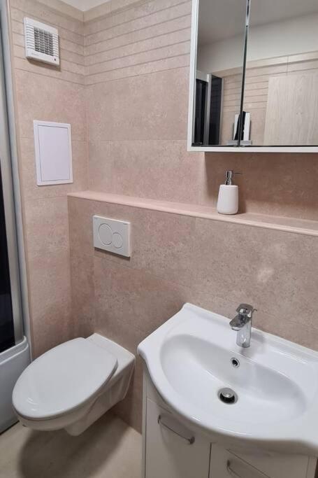 Koupelna v ubytování Útulný apartmán v centru, s krásným výhledem