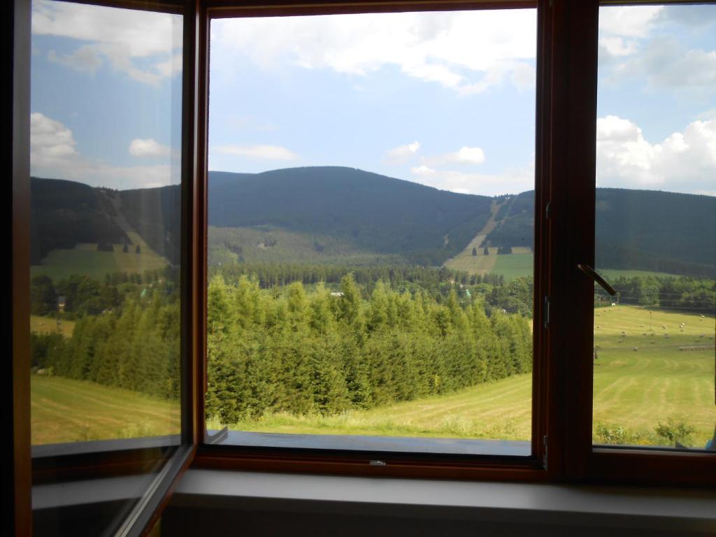 una ventana con vistas a un campo verde en Apartment Ramzová Adam 25 en Ramzová