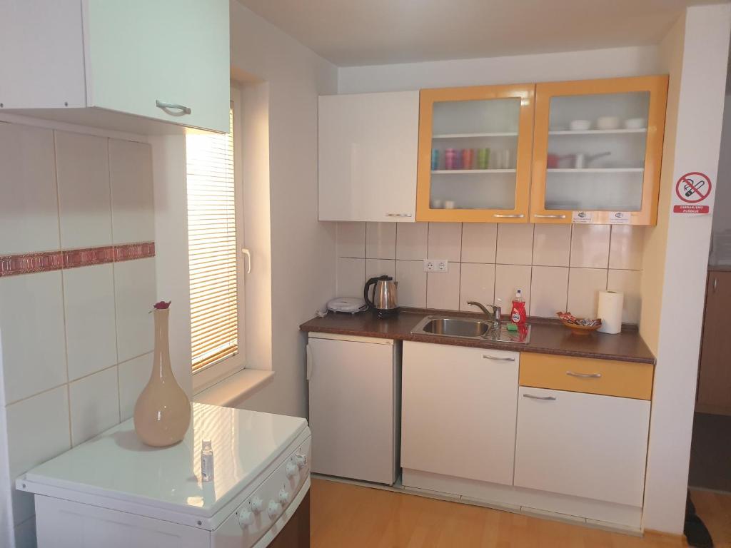Kuchyň nebo kuchyňský kout v ubytování Apartments Kira