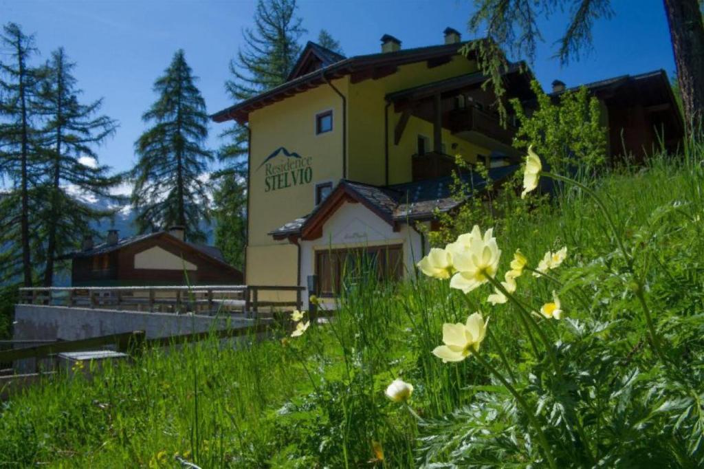 a building on a hill with flowers in front of it at Residence Stelvio in Valdisotto
