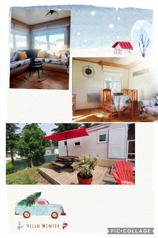 un collage d'images d'une maison et d'une voiture dans l'établissement Mobil home dans camping, à Saillagouse