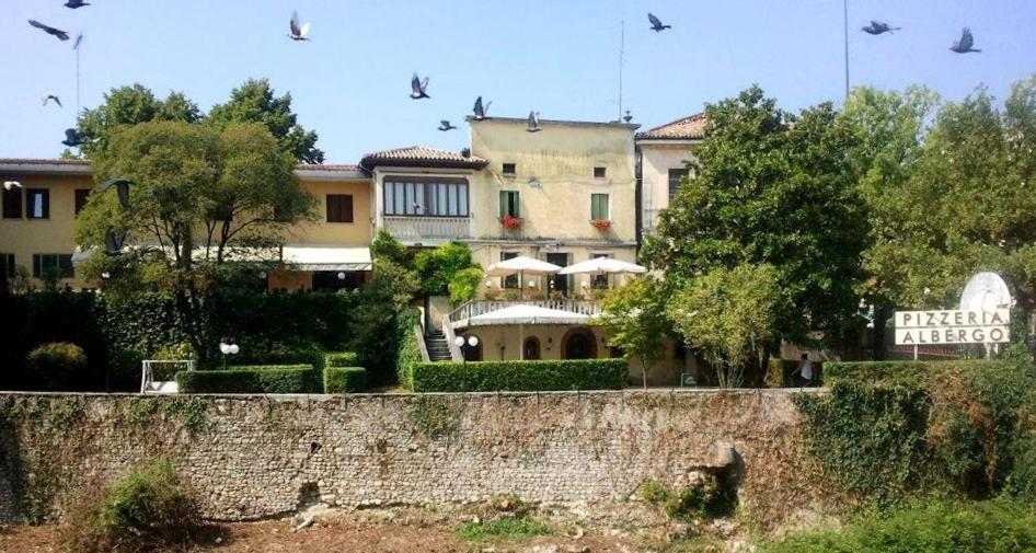un rebaño de aves volando delante de un edificio en Hotel Leon D'Oro, en Pieve di Soligo