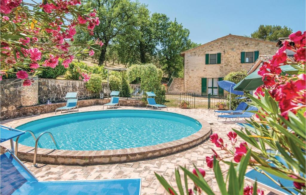 een zwembad in een tuin met stoelen en bloemen bij La Vigna Rossa in Castelbuono