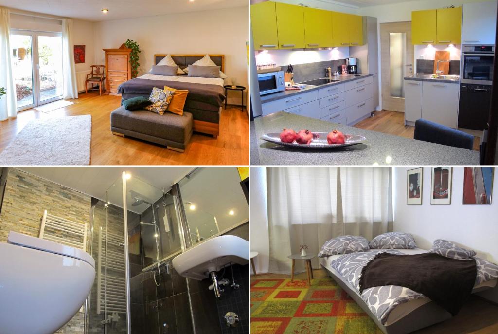 een collage van vier foto's van een keuken en een slaapkamer bij Komfortwohnung City/Messe 25 Min in Keulen