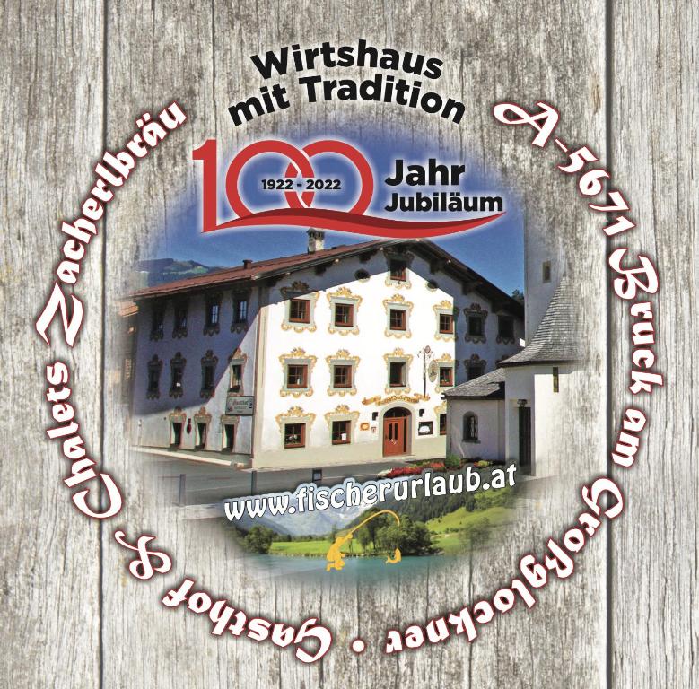 a sign for a hotel with a picture of a building at Gasthof Zacherlbräu in Bruck an der Großglocknerstraße