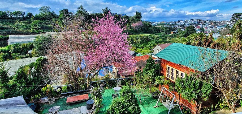 une vue aérienne sur une maison avec un arbre rose dans l'établissement Đèn lồng homestay & coffee, à Đà Lạt