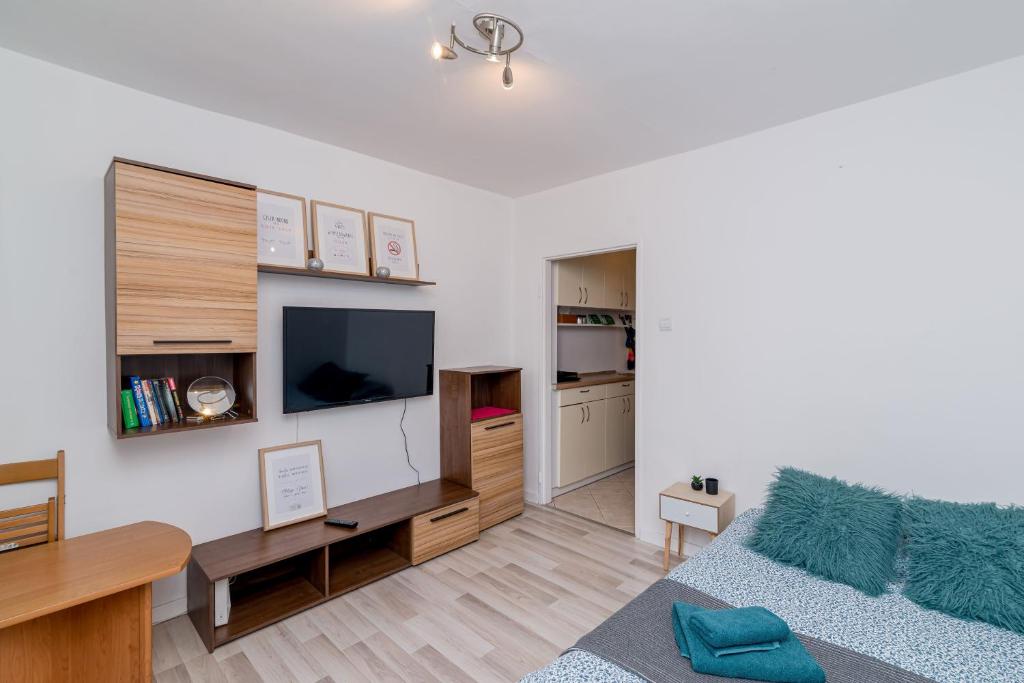 een woonkamer met een bank en een tv bij Szopy 2 in Gdańsk