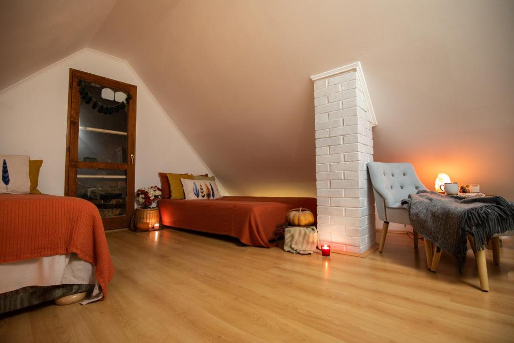 een slaapkamer op zolder met een bed, een tafel en een stoel bij Ladybird Lodge in Bela Crkva