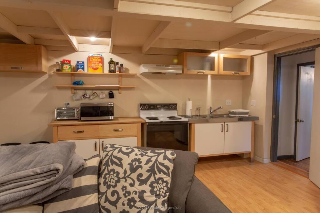 una pequeña cocina con sofá en una habitación en Guest House, Accessible to Downtown, & Fast WiFi!, en Chico