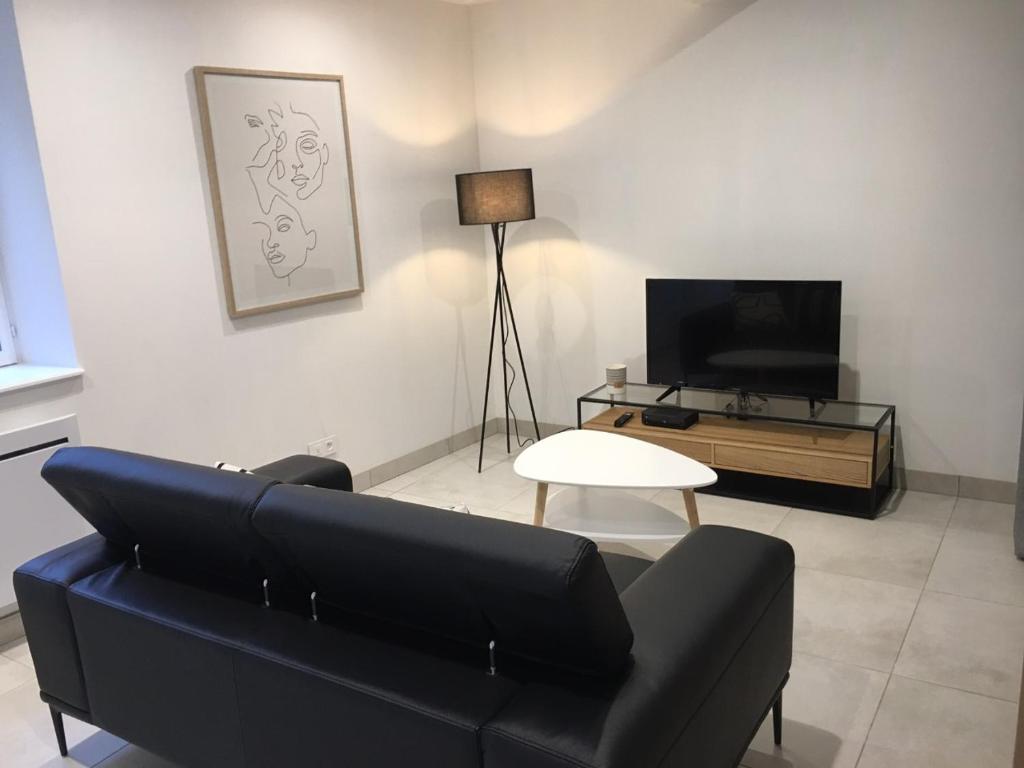 sala de estar con sofá negro y TV en Gîte La Source, en Mer