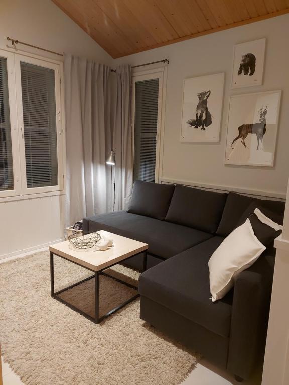 Sala de estar con sofá negro y mesa de centro en Yllästar 207 en Äkäslompolo