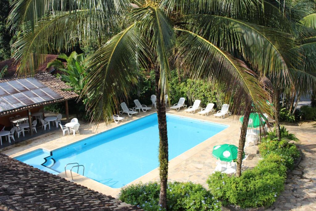 a swimming pool with a palm tree next to it at Pousada Canto Verde in Boicucanga