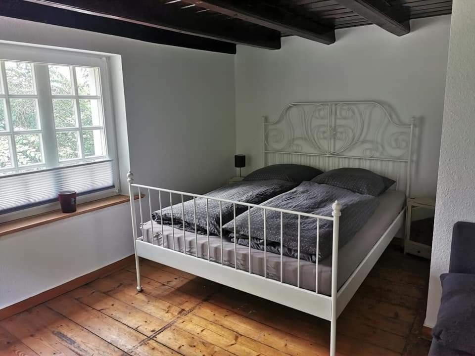 a bedroom with a white bed and two windows at Casa WaMü Nature Reserve direkt am Altrhein in Xanten