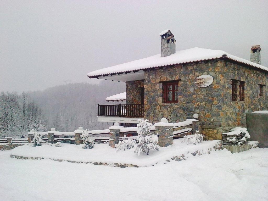 een gebouw bedekt met sneeuw voor de deur bij Diaselon in Elatochori