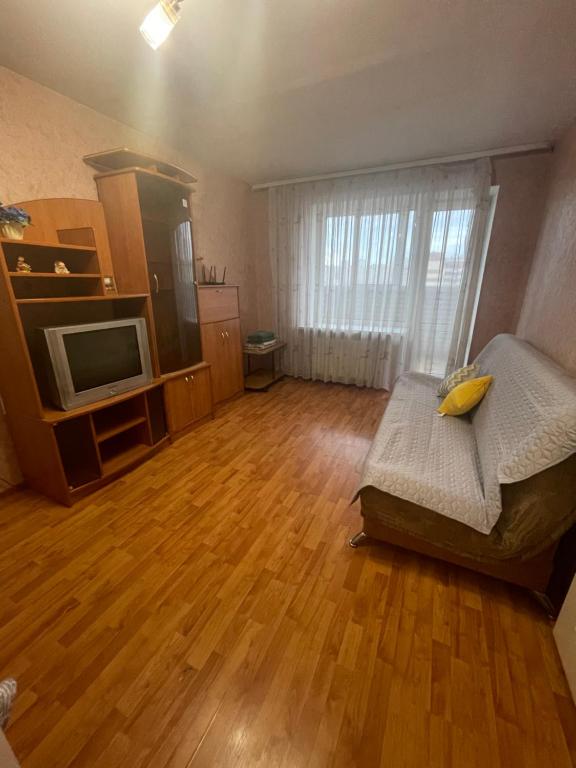 イジェフスクにあるApartment on Sivkovaのリビングルーム(ソファ、テレビ付)
