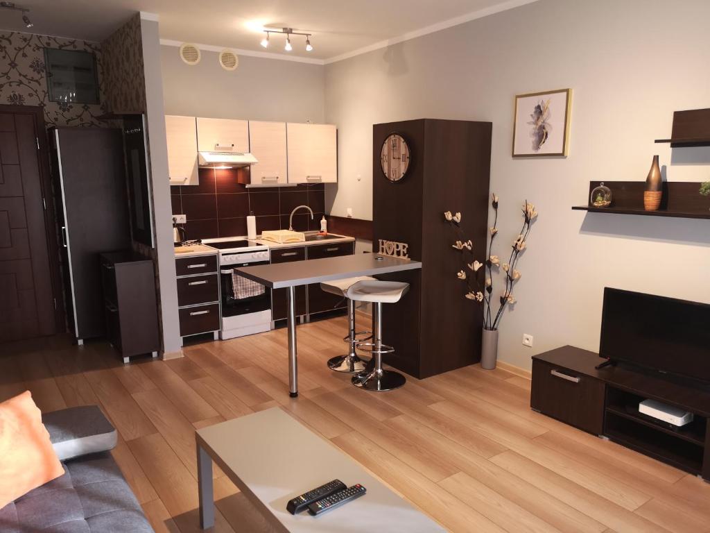 a kitchen and living room with a table and a couch at Apartament Marzenie 10 - Opole in Opole