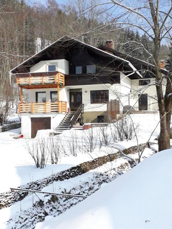 una casa en la nieve con suelo cubierto de nieve en Apartmenthaus AMELIE, en Lunz am See