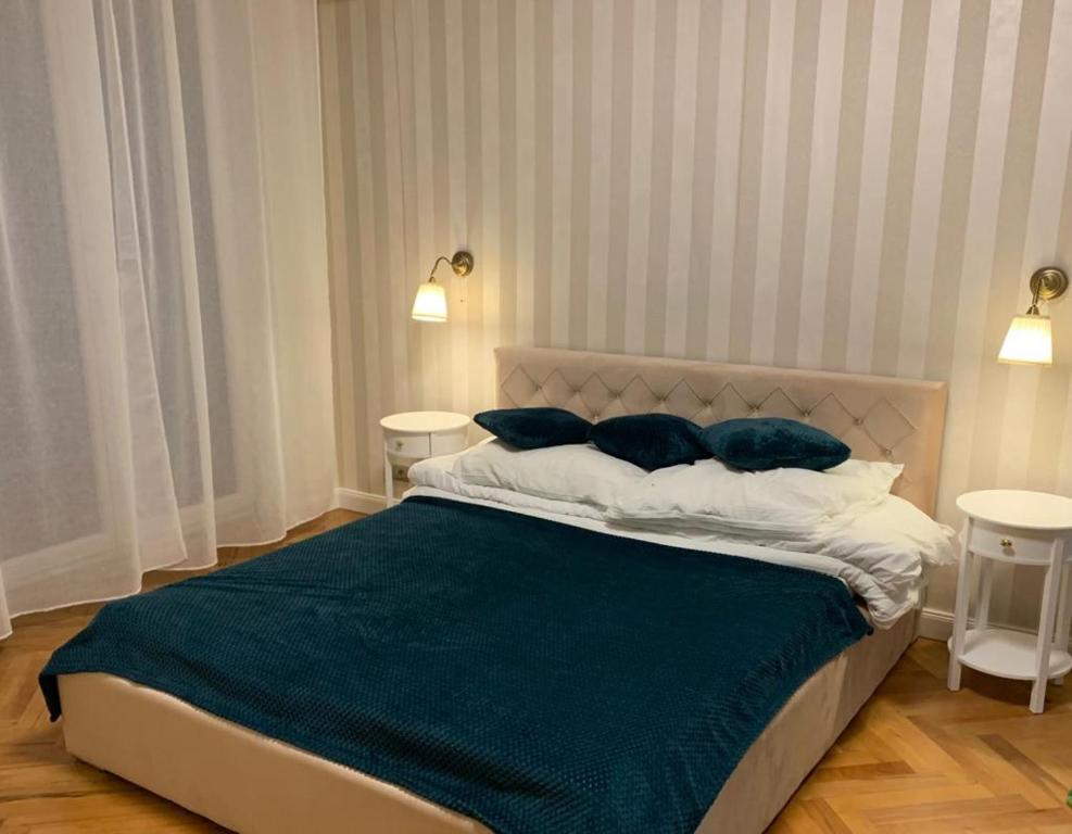 sypialnia z dużym łóżkiem z 2 niebieskimi poduszkami w obiekcie New Oldtown Apartment near St Martin Cathedral w Bratysławie