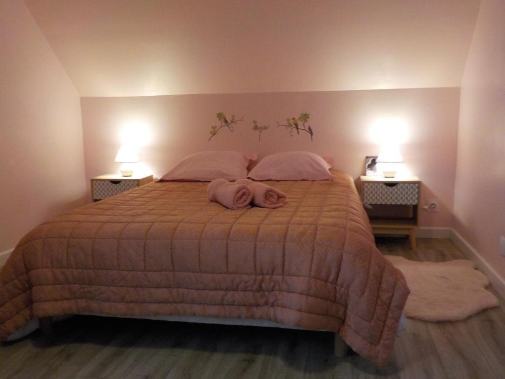 ペロス・ギレックにあるLa maison d'Annickのベッドルーム1室(ピンクの枕2つ、大型ベッド1台付)