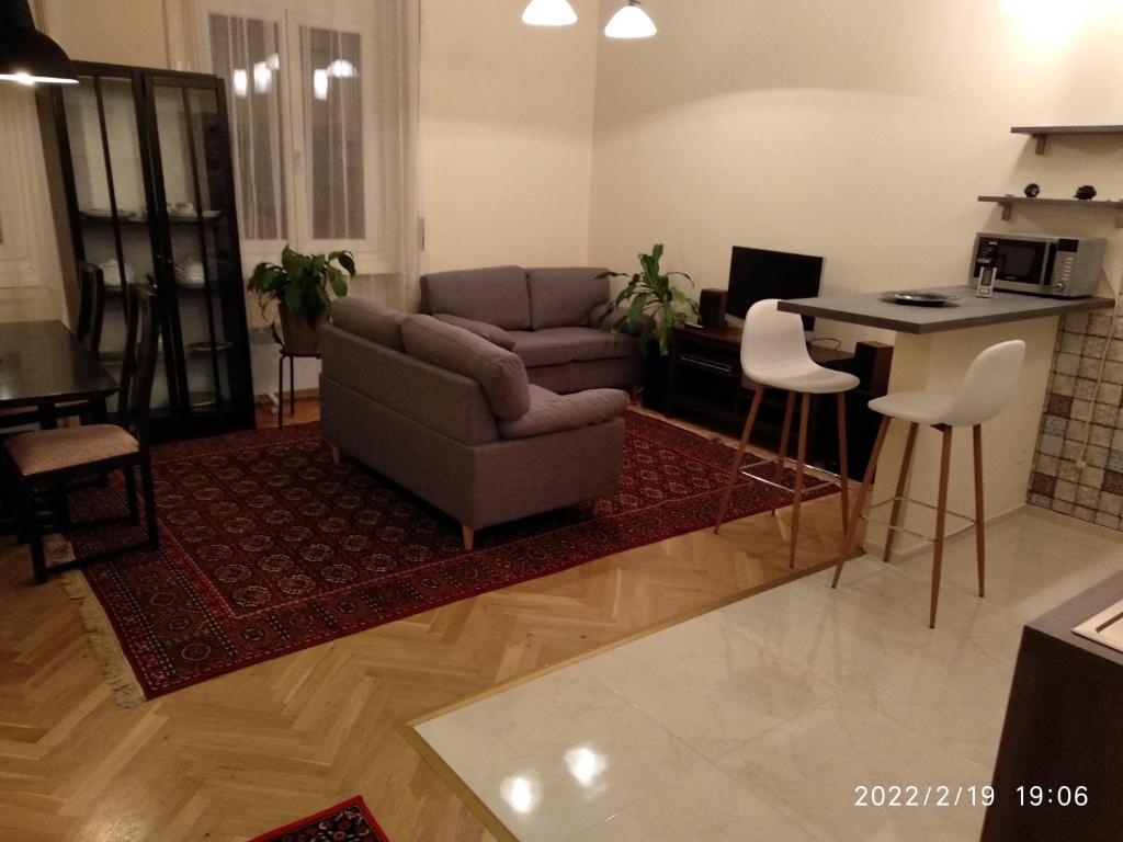 uma sala de estar com um sofá e uma mesa em A quiet place in the heart of the city em Budapeste