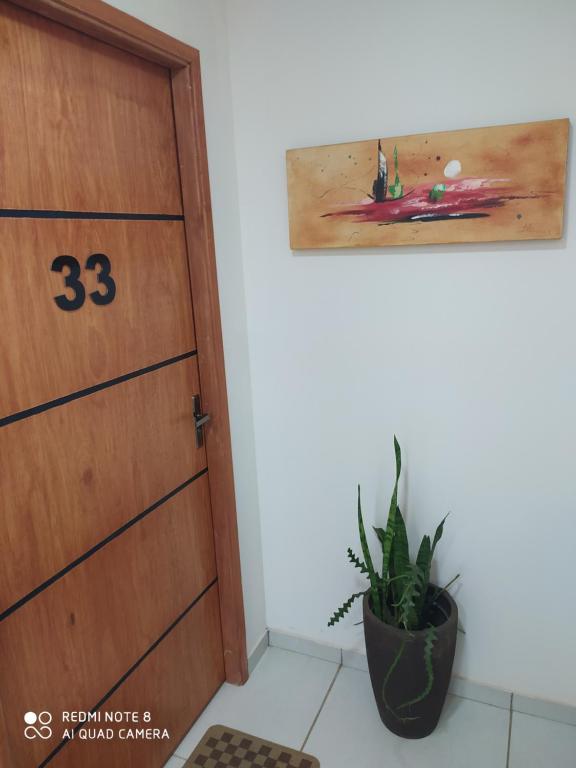 uma porta num quarto com uma planta ao lado em Apart cómodo y seguro a pasos de todo 33 em Ciudad del Este