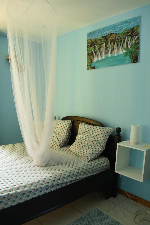 een slaapkamer met een bed met een klamboe bij HORIZON 180° in Le Bois de Nèfles