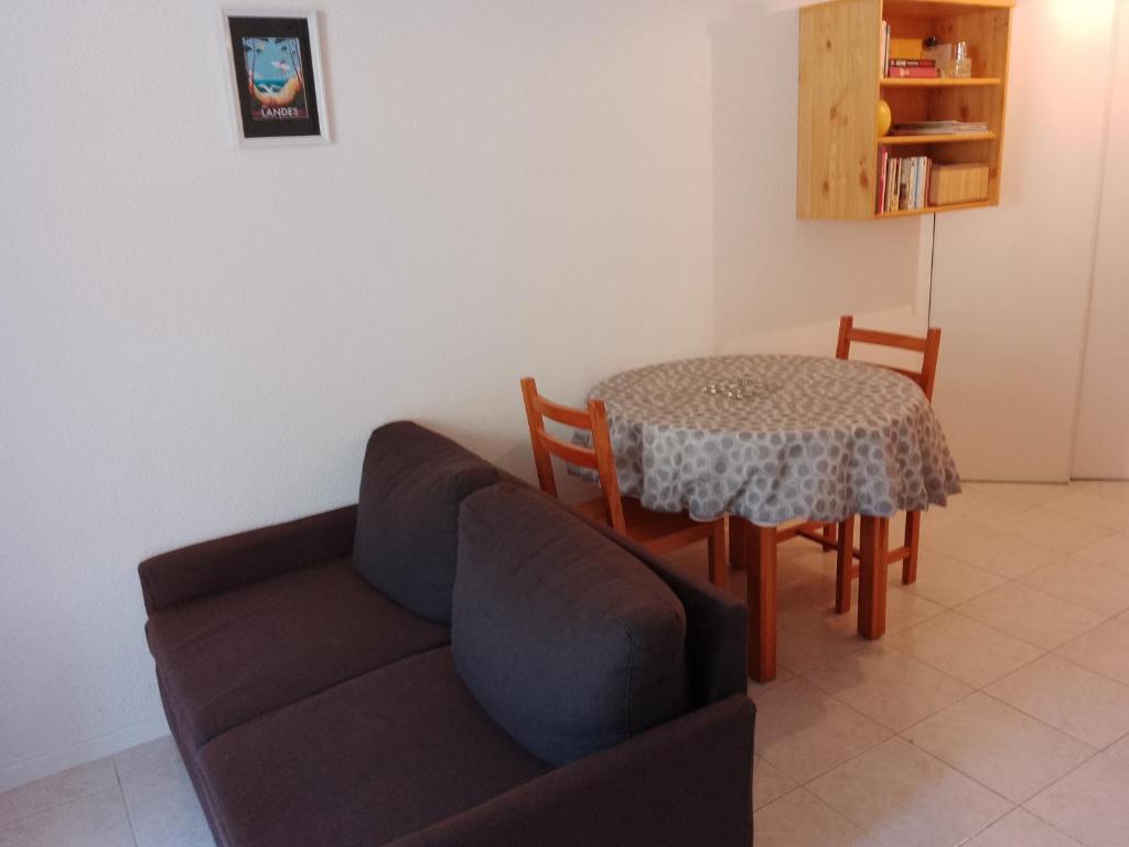 ein Wohnzimmer mit einem Sofa und einem Tisch in der Unterkunft Studio pour cure Eugénie les Bains in Eugénie-les-Bains