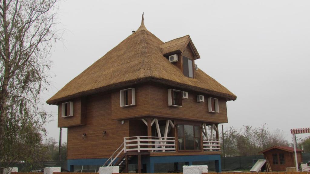 una casa con techo de paja encima en Old Fane's Lodge, en Măraşu