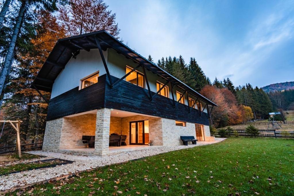 a house with a black roof on a green field at Cabana Haiducului Doftana in Teşila