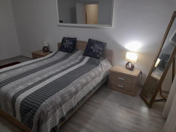 a bedroom with a large bed and a mirror at New 33 in Bacău