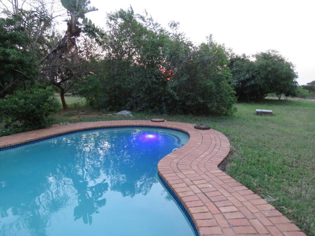 a swimming pool with a brick path around it at Sandforest Cottages in Hluhluwe