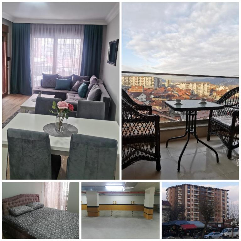 a collage of photos of a living room with a couch and a table at Apartman DalMe in Novi Pazar