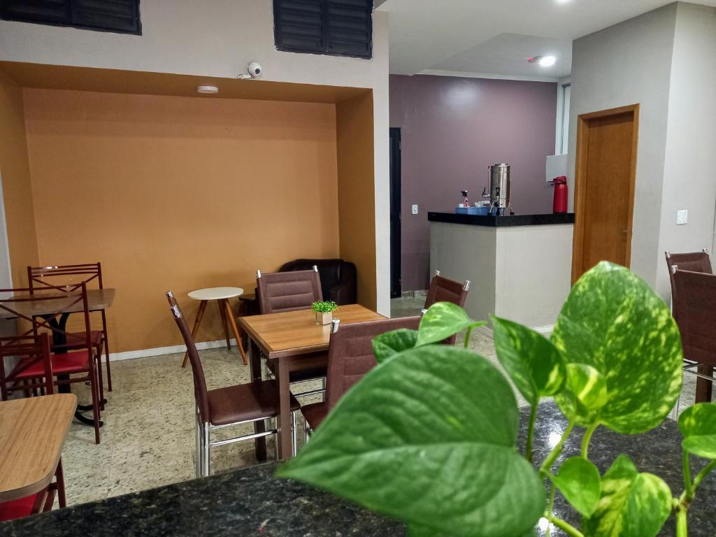 a dining room with tables and chairs and a plant at HOTEL PAULISTANO Terminal Tietê in Sao Paulo