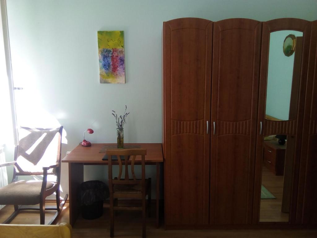 Pokój z biurkiem i drewnianą szafką w obiekcie Giardini room w Puli