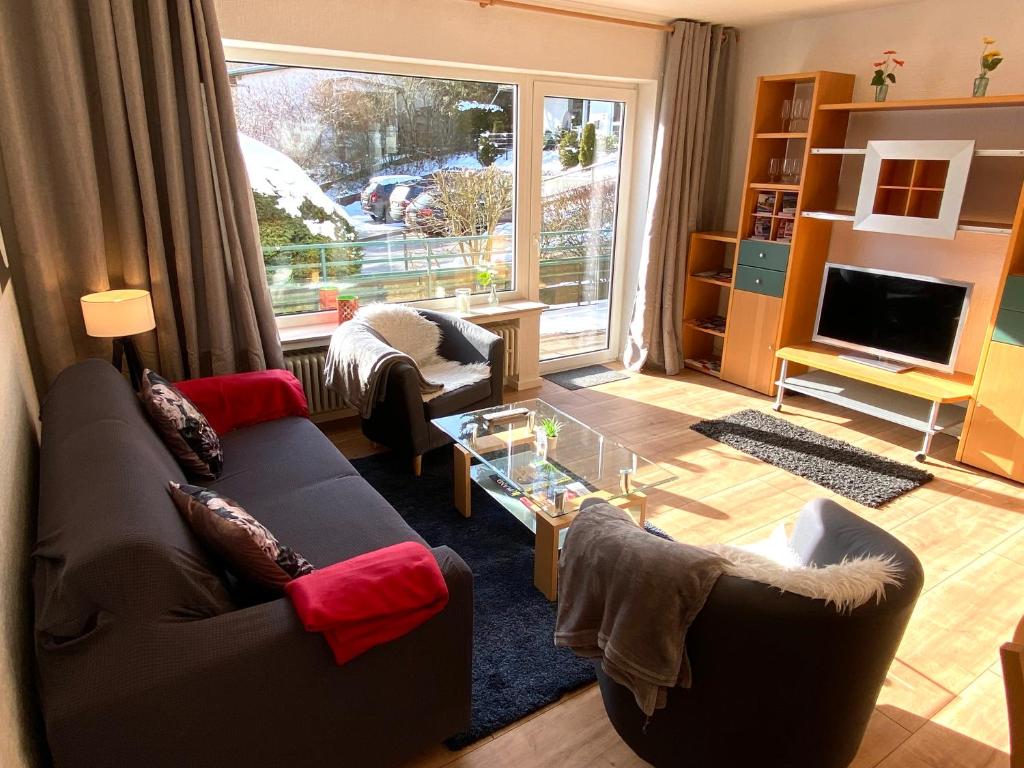 Sala de estar con 2 sofás y TV en Stylisches Apartment ✰ SKYWALK ✰ mit Parkplatz en Willingen
