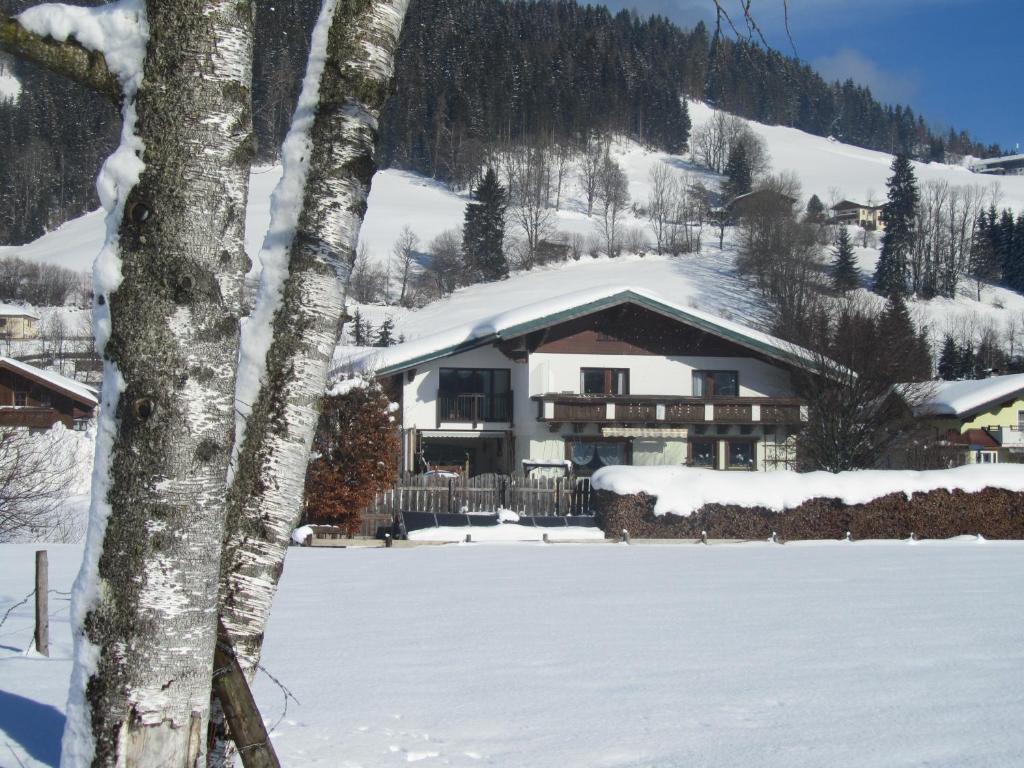 ein Haus im Schnee vor einem Feld in der Unterkunft Ferienwohnung Familie Wieser in Altenmarkt im Pongau