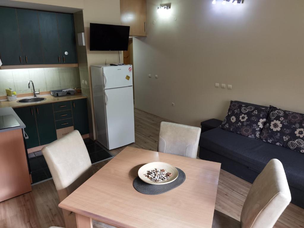 Il dispose d'une cuisine et d'un salon avec une table et un canapé. dans l'établissement Cozy apartment sa parkingom pogodan za dnevni odmor, à Jagodina